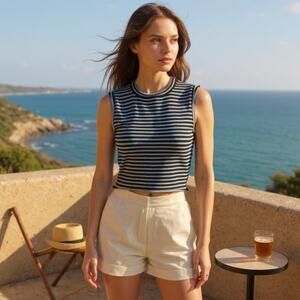 A.L.C. Dan Knit Stripped Crop Top Light Blue/Black Sz M Viscose Preppy Nautical